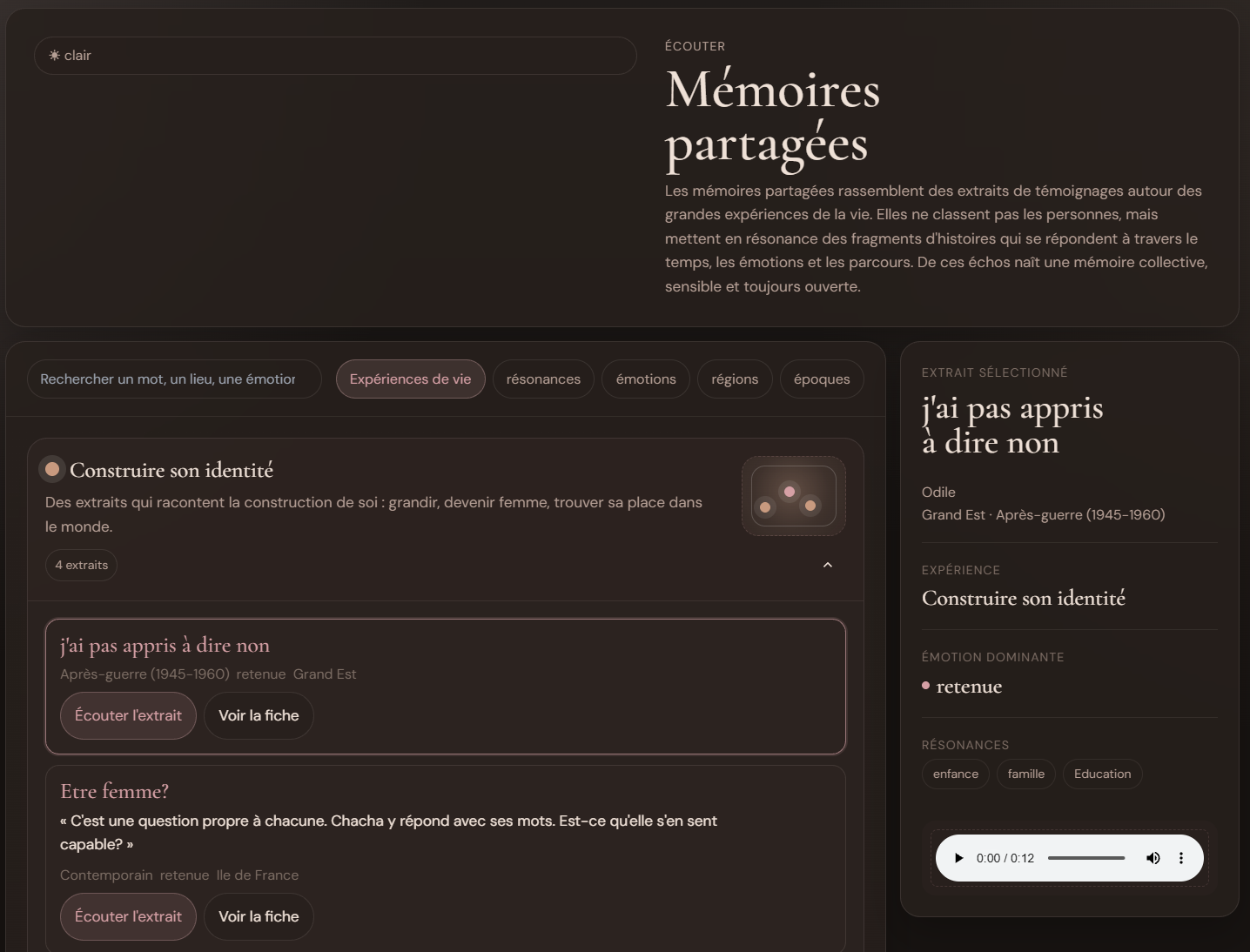 Interface de consultation Mémoires partagées